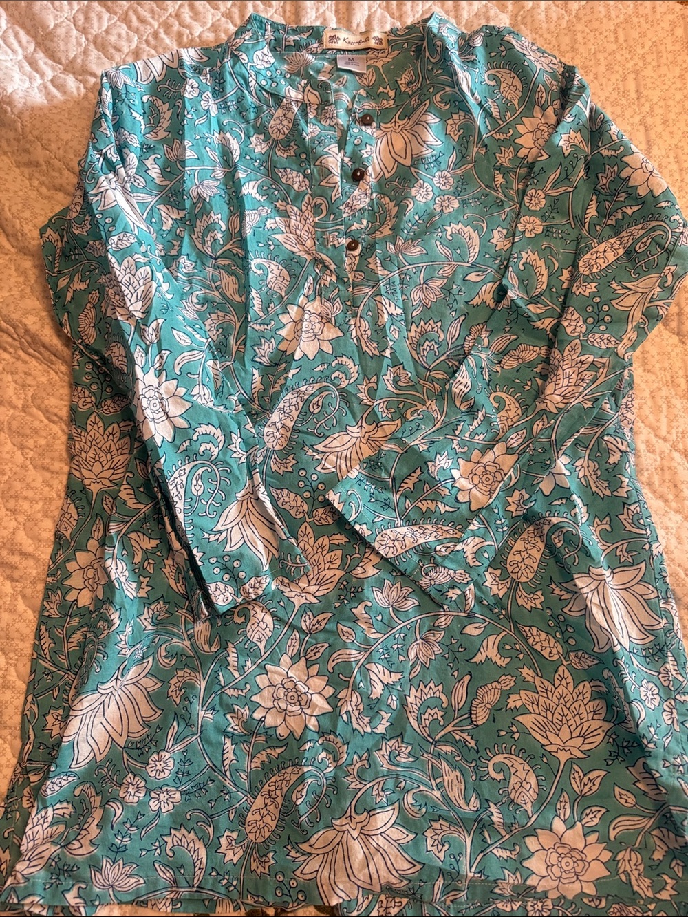 Kozababs Blue Floral Hand Block Print 100% Cotton Top Size Medium